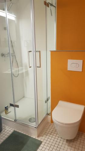 a bathroom with a glass shower and a toilet at Brunnenputzer Pension Restaurant in Külsheim