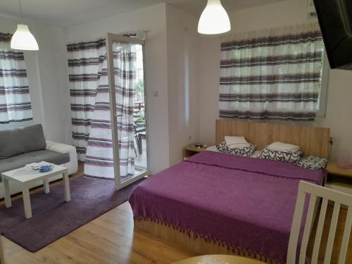 1 dormitorio con cama morada y sofá en V & V Studio Apartments, en Niš