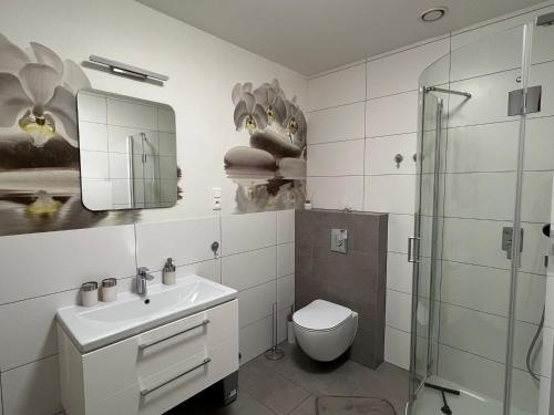 e bagno con servizi igienici, lavandino e doccia. di Apartament Szczytno - Centrum a Szczytno