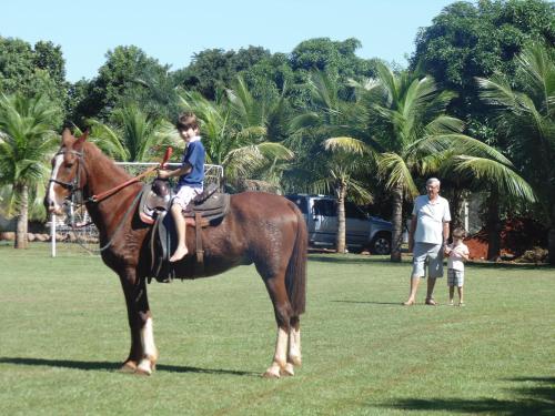 a girl is sitting on a horse in a field at Carpe Diem Eco Resort Olímpia in Olímpia