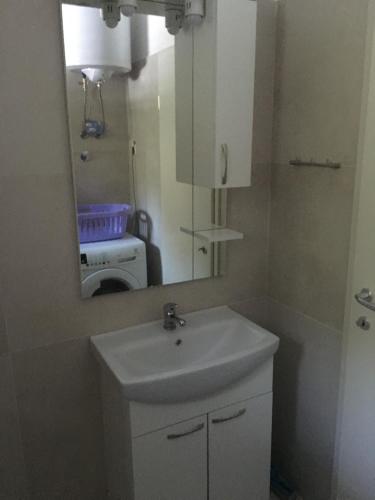 a bathroom with a white sink and a mirror at Apartman ENA in Ivan Dolac
