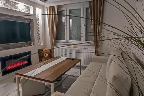 塞拉耶佛的住宿－Teddy Bear Apartment Sarajevo，带沙发、桌子和壁炉的客厅