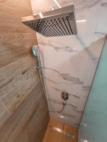a shower in a bathroom with a glass ceiling at Teddy Bear Jacuzzi Spa Apartment Sarajevo in Sarajevo