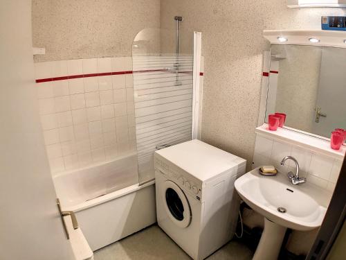 une salle de bain avec une machine à laver et un lavabo dans l'établissement Appartement 20, avec balcon, Résidence de l'Ars, à Aulus-les-Bains