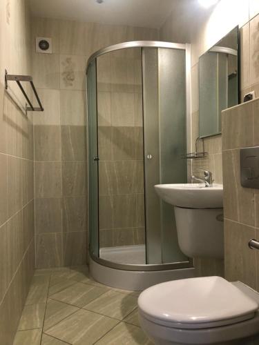 La salle de bains est pourvue d'une douche, de toilettes et d'un lavabo. dans l'établissement Pensjonat Gryf, à Jarosławiec