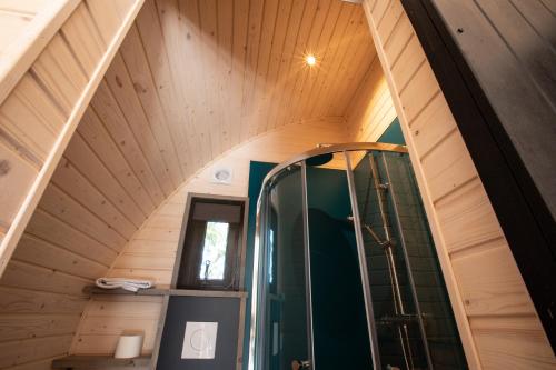 un baño con ducha en una casa pequeña en Pod huisje met hottub, en Dokkum