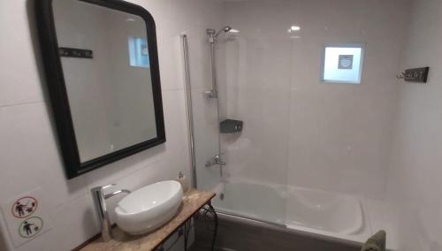 y baño con lavabo y ducha con espejo. en Casa Oliveiras - Casas do Sinhel, en Alvares