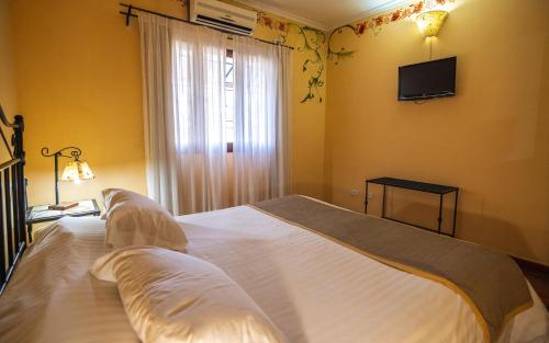 a bedroom with a white bed with a tv on the wall at Hacienda Don Justo Hotel Boutique Spa in Colón