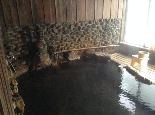 a pool of water in a room with a rock wall at Fumoto Ryokan in Minamioguni