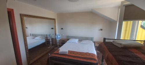 a bedroom with two beds and a large mirror at Geltona in Šiauliai