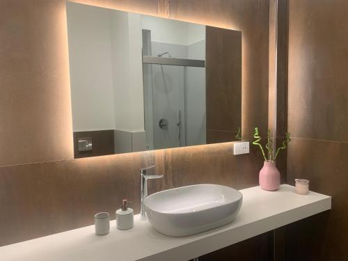a bathroom with a sink and a large mirror at Vivarum b&b in Bitonto