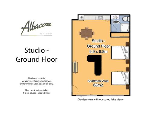 a floor plan of a studio ground floor at Albacore Apartments in Merimbula