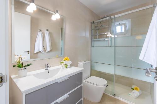 サ・ポブラにあるSa Vela de Ca Na Felipaのバスルーム(洗面台、トイレ、鏡付)
