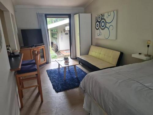 a bedroom with a bed and a couch and a tv at Lovely 1 Queen bed, 1 Sleeper couch Self-catering cottage in Kloof