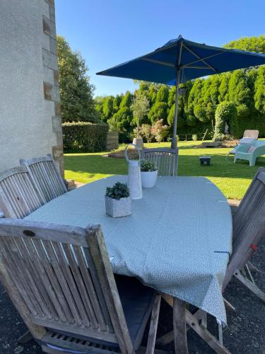 a blue table with two chairs and an umbrella at Les Hirondelles de la villa des roses in Pontmain