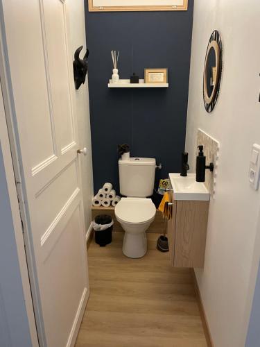 Łazienka z białą toaletą i umywalką w obiekcie Les Hirondelles de la villa des roses w mieście Pontmain