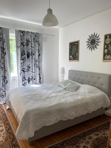 圖爾庫的住宿－Lämminhenkinen yksiö Port Arthurissa，一间卧室配有床和带窗帘的窗户