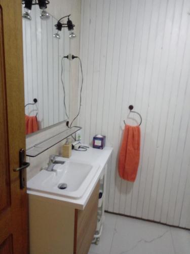 uma casa de banho com um lavatório e um espelho em V klancu em Dekani