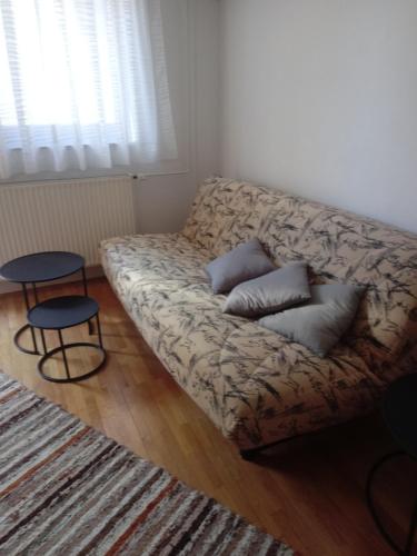 un divano in soggiorno con due cuscini sopra di V klancu a Dekani