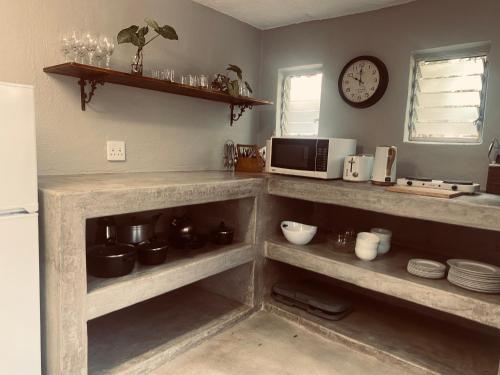 a kitchen with wooden shelves and a microwave at Wild Fig Guesthouse in White River
