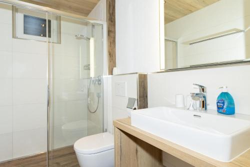 e bagno con servizi igienici, lavandino e doccia. di Ferienwohnung Reiter a Sankt Jakob in Haus