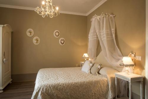 a bedroom with a bed and a chandelier at B&B Il Biancospino in Abbadia San Salvatore