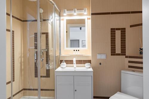 uma casa de banho com um lavatório e uma cabina de duche em vidro. em Grelewicz Apartments- MyWay em Toruń