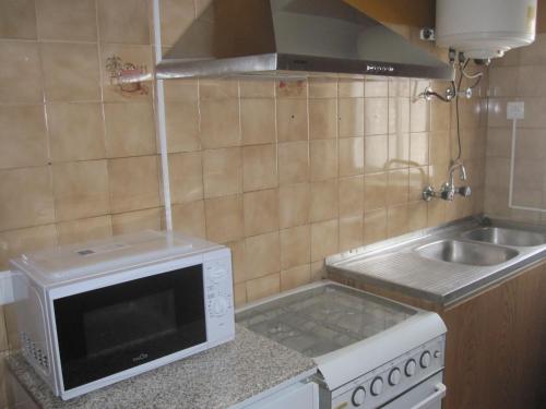 a small kitchen with a sink and a microwave at Casa do Açor in Linhares