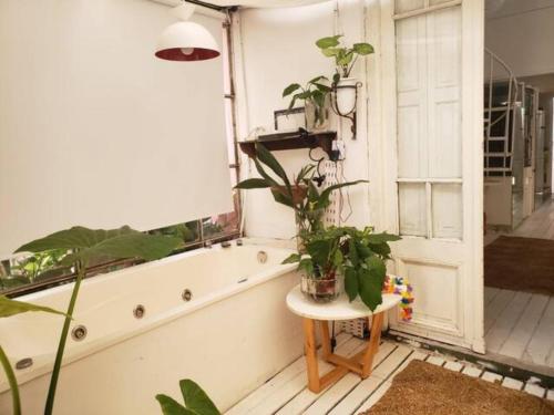 Habitación con ventana y mesa con plantas. en Casa San Telmo 13 en Buenos Aires
