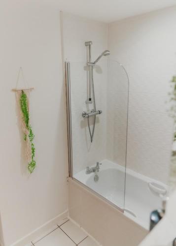 a bathroom with a shower and a bath tub at Lovely Bohemian Apartment in Heart of City Life in Glasgow