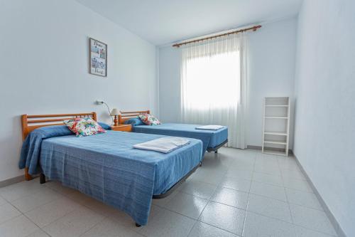 Un dormitorio con dos camas y una ventana. en Apartamentos Aigua Oliva, en Vinarós
