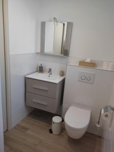 a white bathroom with a toilet and a sink at FEIJOA in Saint-Gély-du-Fesc