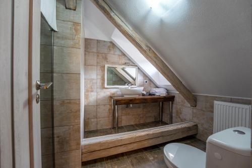 uma casa de banho com um lavatório e um WC em Clasic Haus Sighisoara em Sighisoara