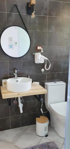 a bathroom with a sink and a toilet and a mirror at Xho's Forest Guest House in Berat