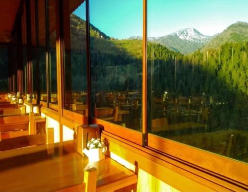 a room with a large window with a mountain view at Macahel Maral Otel Ve Restaurant in Artvin