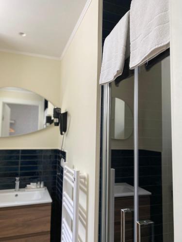 a bathroom with a shower with a sink and a mirror at Levante apartment and room in Bari