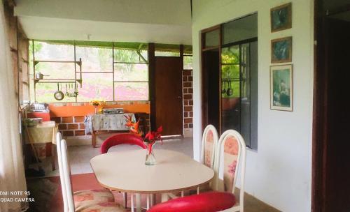 a dining room with a table and red chairs at Selva Mayo in Moyobamba