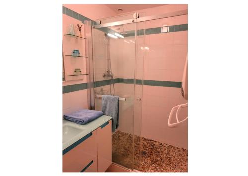 une salle de bain avec douche et lavabo dans l'établissement Villa charmante au Beaucet avec piscine privée, à Le Beaucet