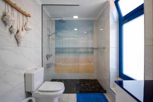 a bathroom with a toilet and a shower at Apartamentos Playa Feliz in Playa del Ingles