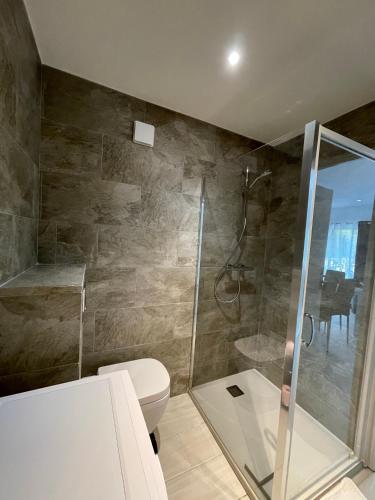 une salle de bain avec toilettes et douche en verre dans l'établissement appartement bas de villa avec piscine privée partagée proche bord de mer, à Cagnes-sur-Mer