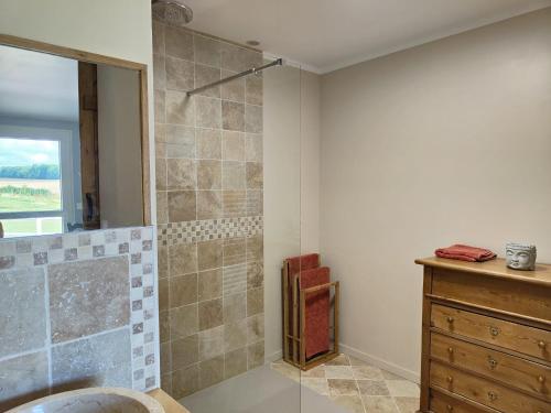 uma casa de banho com um chuveiro e um lavatório. em Gîte équestre. Ferme des Essarts em Maucomble