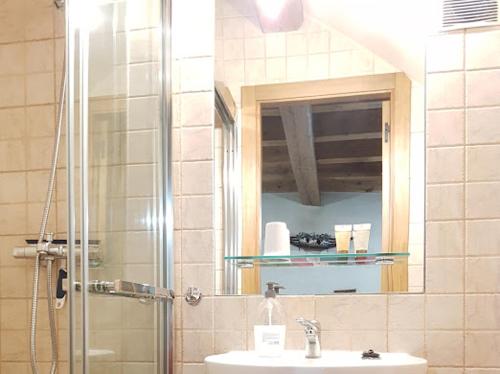 y baño con lavabo y ducha con espejo. en Casa Rural Río Duratón, 