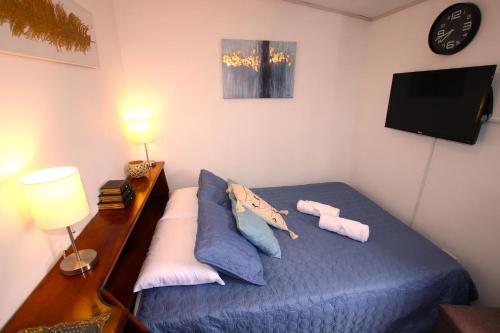 a bedroom with a blue bed with pillows and a tv at F&M Guesthouse in San José