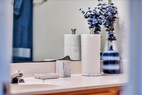 um balcão de casa de banho com um lavatório com papel higiénico e flores em Atlanta Private Charming Room 2 em Atlanta