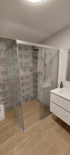 La salle de bains est pourvue d'une douche et d'un lavabo blanc. dans l'établissement Stara Malija, à Izola