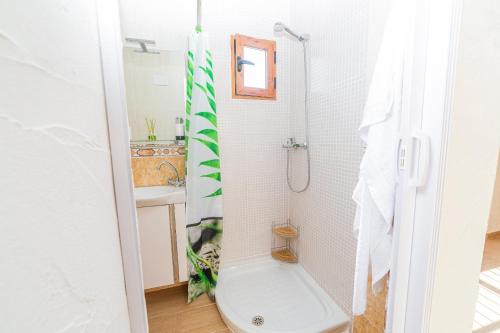 a bathroom with a shower with a toilet and a sink at Casa Rural La Cocinilla del Pato Sagasta in Alcalá del Júcar