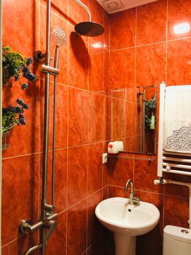 a bathroom with a sink and a toilet and a mirror at Apartment Mari in Tbilisi City