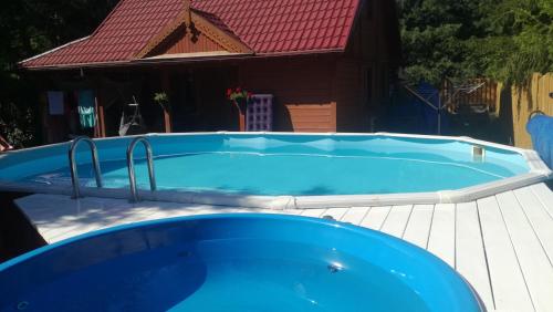 duży niebieski basen z czerwonym dachem w obiekcie Willa Skrzat w mieście Danowskie