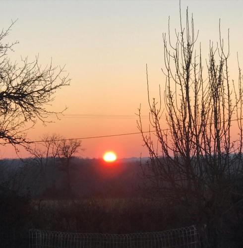 a sunset in a field with the sun in the sky at By The Wayside in Lussac-les-Églises