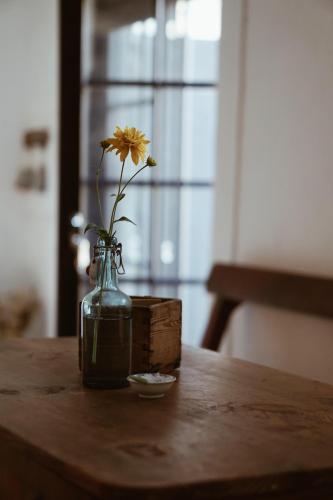 a vase with a yellow flower sitting on a table at Axatorpsgården in Trelleborg